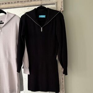 Black Ribbed Knit Zip-Front Sweater Dress by Baker
